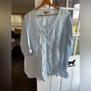 FLAX Women's Light Blue Linen tunic women’s size large 2/pockets 31”L 25”pit/pit